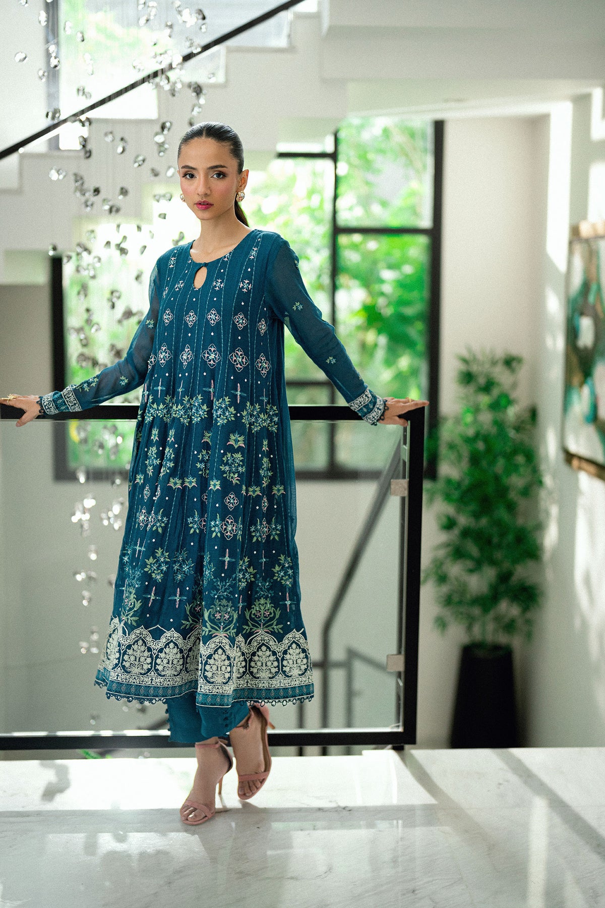 SS25DA-2742 TURQUOISE BLUE  2PCS EMBROIDERED PISHWAS WITH TROUSER
