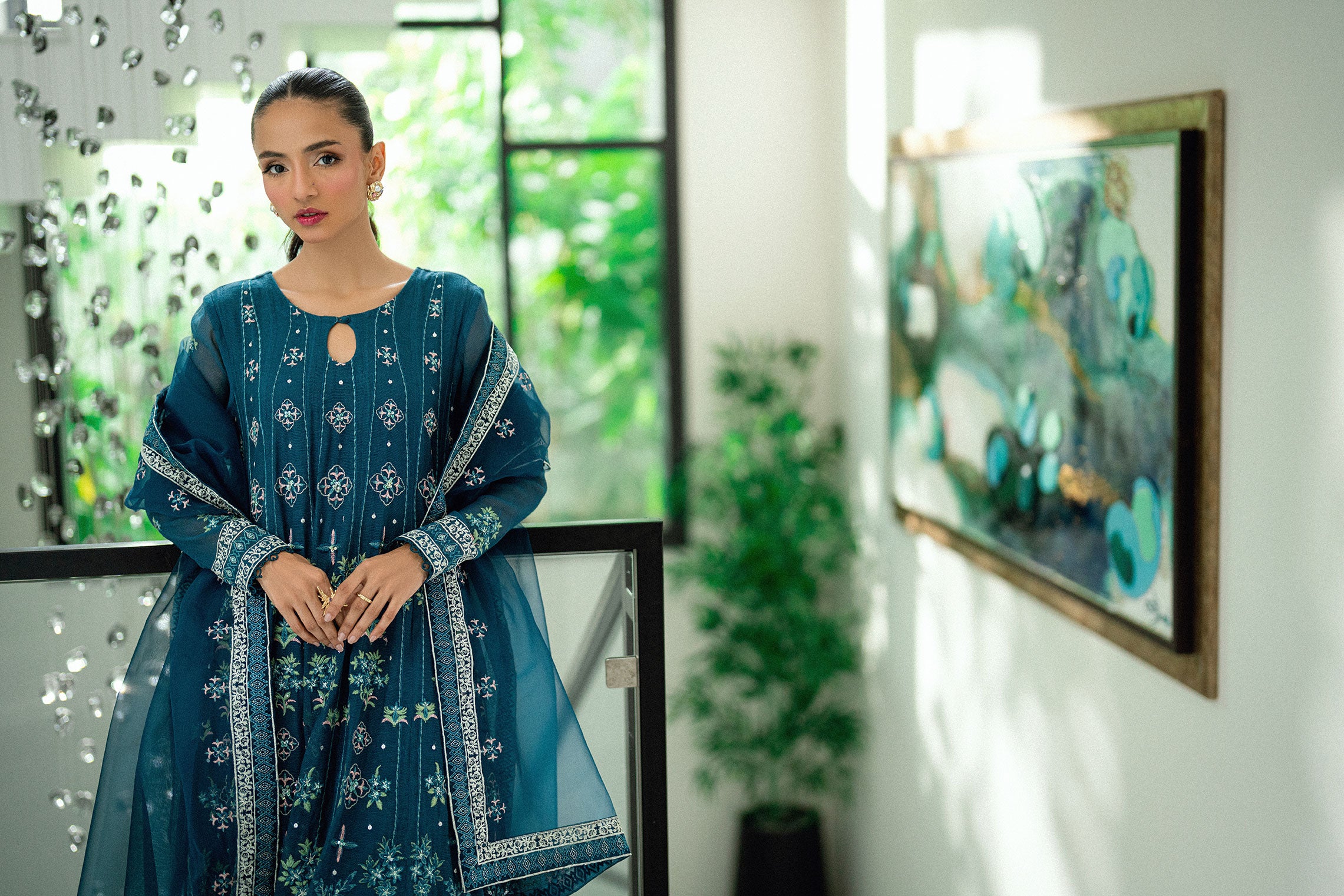 SS25DA-2742 TURQUOISE BLUE  2PCS EMBROIDERED PISHWAS WITH TROUSER