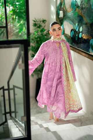 Lilac 2-piece embroidered ensemble with lace detailing on sleeves and hem.