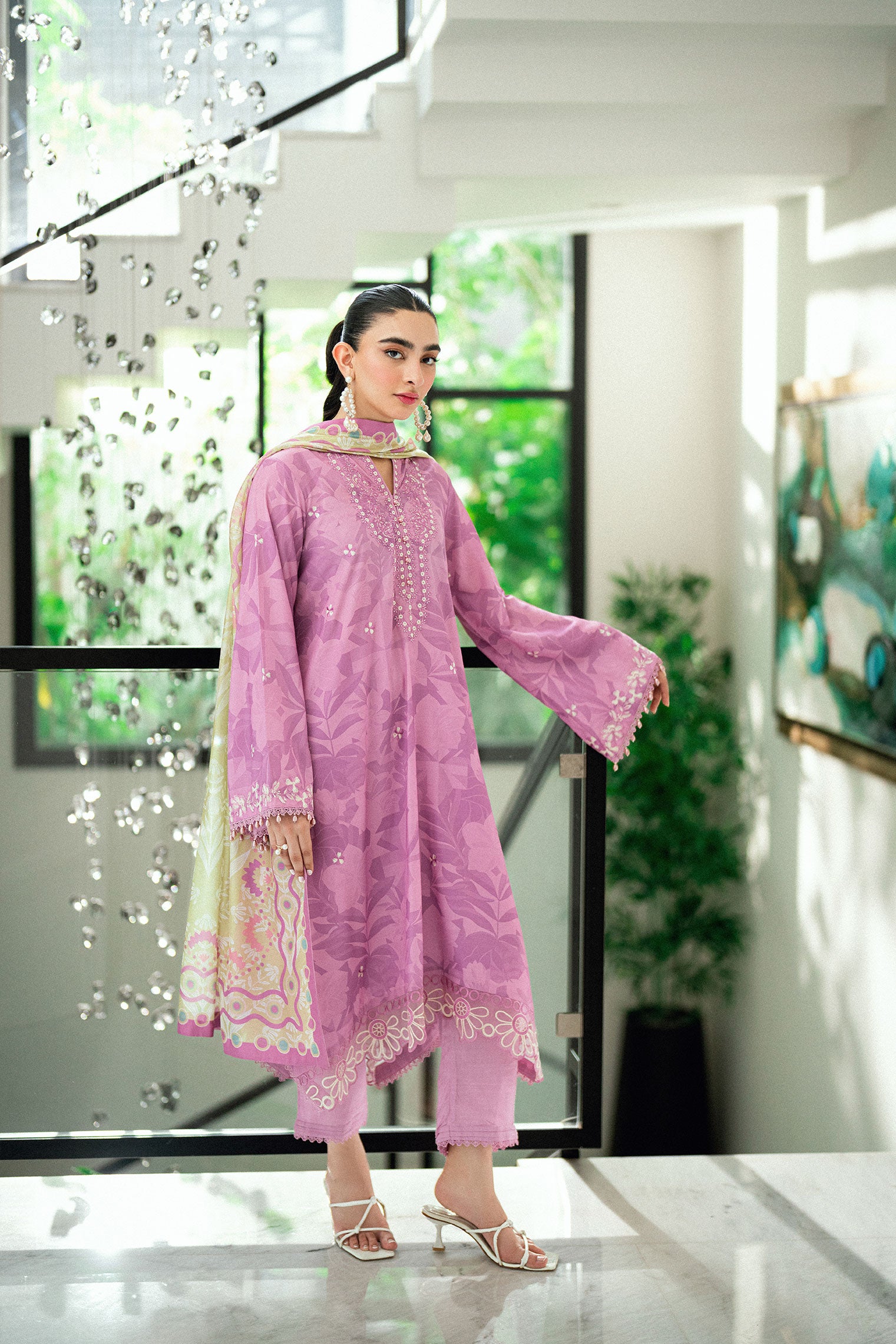 Lilac 2-piece embroidered ensemble with lace detailing on sleeves and hem.