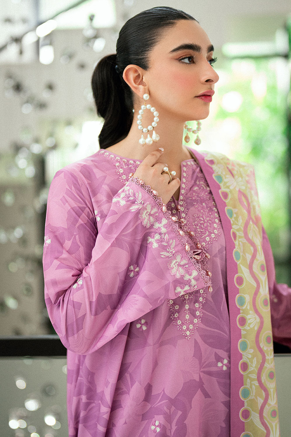 Lilac 2-piece embroidered ensemble with lace detailing on sleeves and hem.