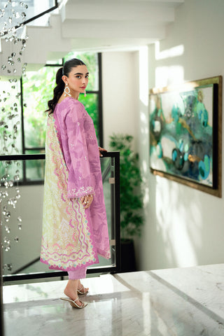 Lilac 2-piece embroidered ensemble with lace detailing on sleeves and hem.