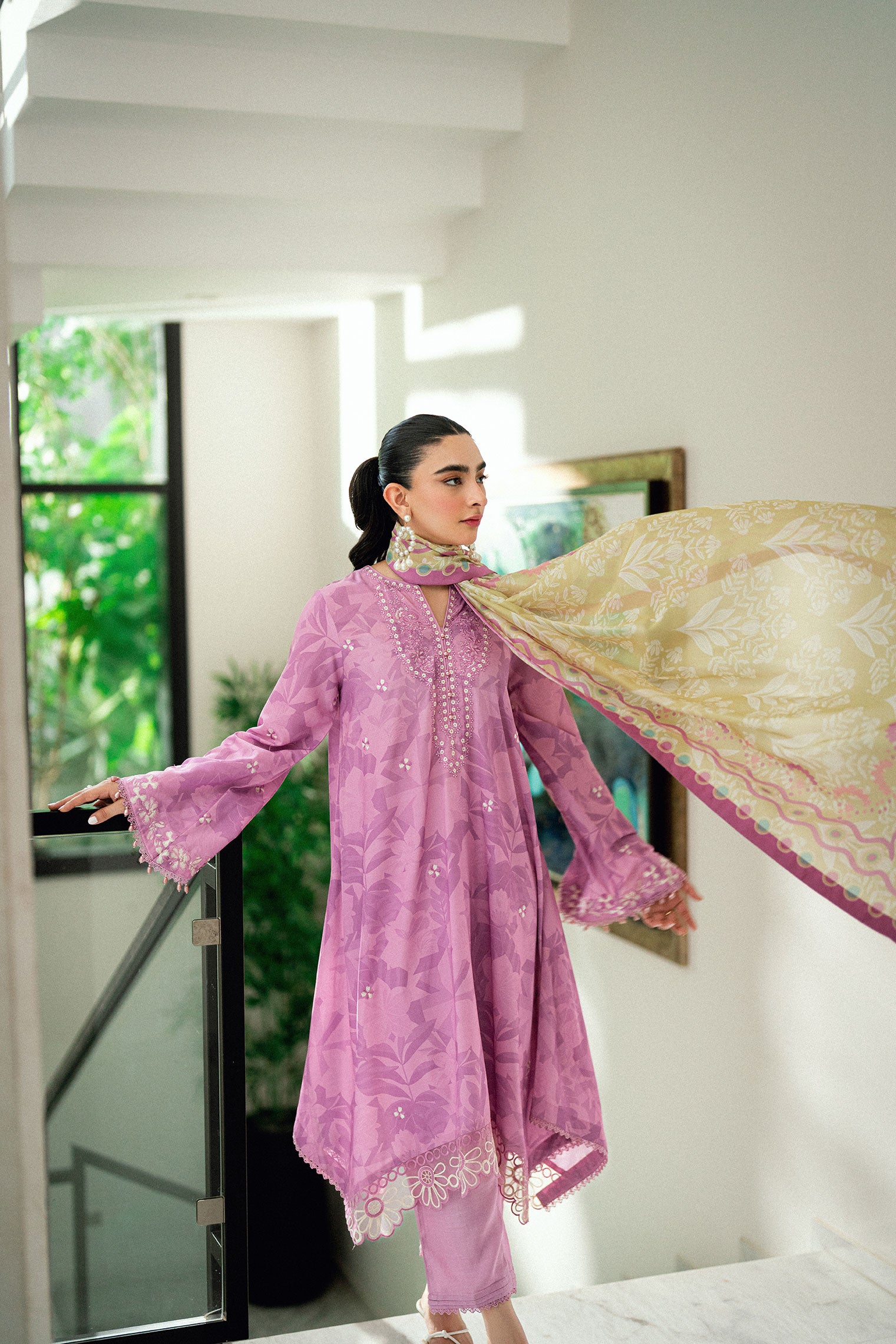 Lilac 2-piece embroidered ensemble with lace detailing on sleeves and hem.