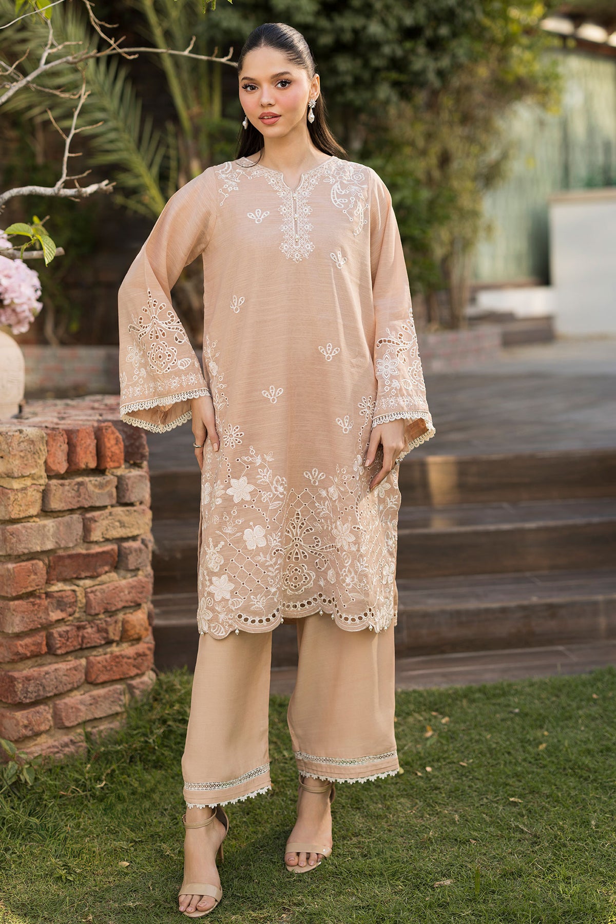 SS25DA-2763 BEIGE 2PCS  EMBROIDERED KURTA WITH TROUSER