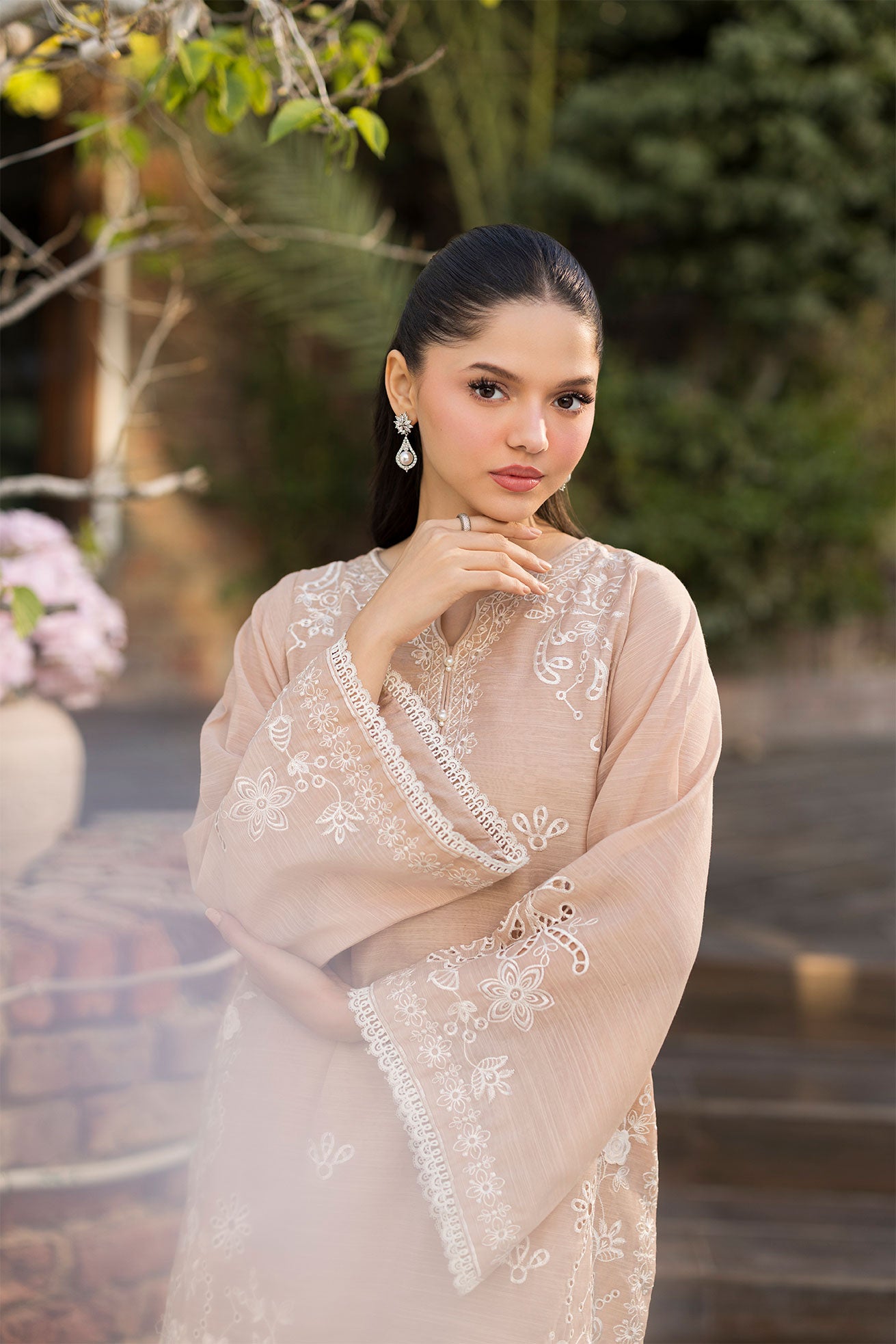 SS25DA-2763 BEIGE 2PCS  EMBROIDERED KURTA WITH TROUSER