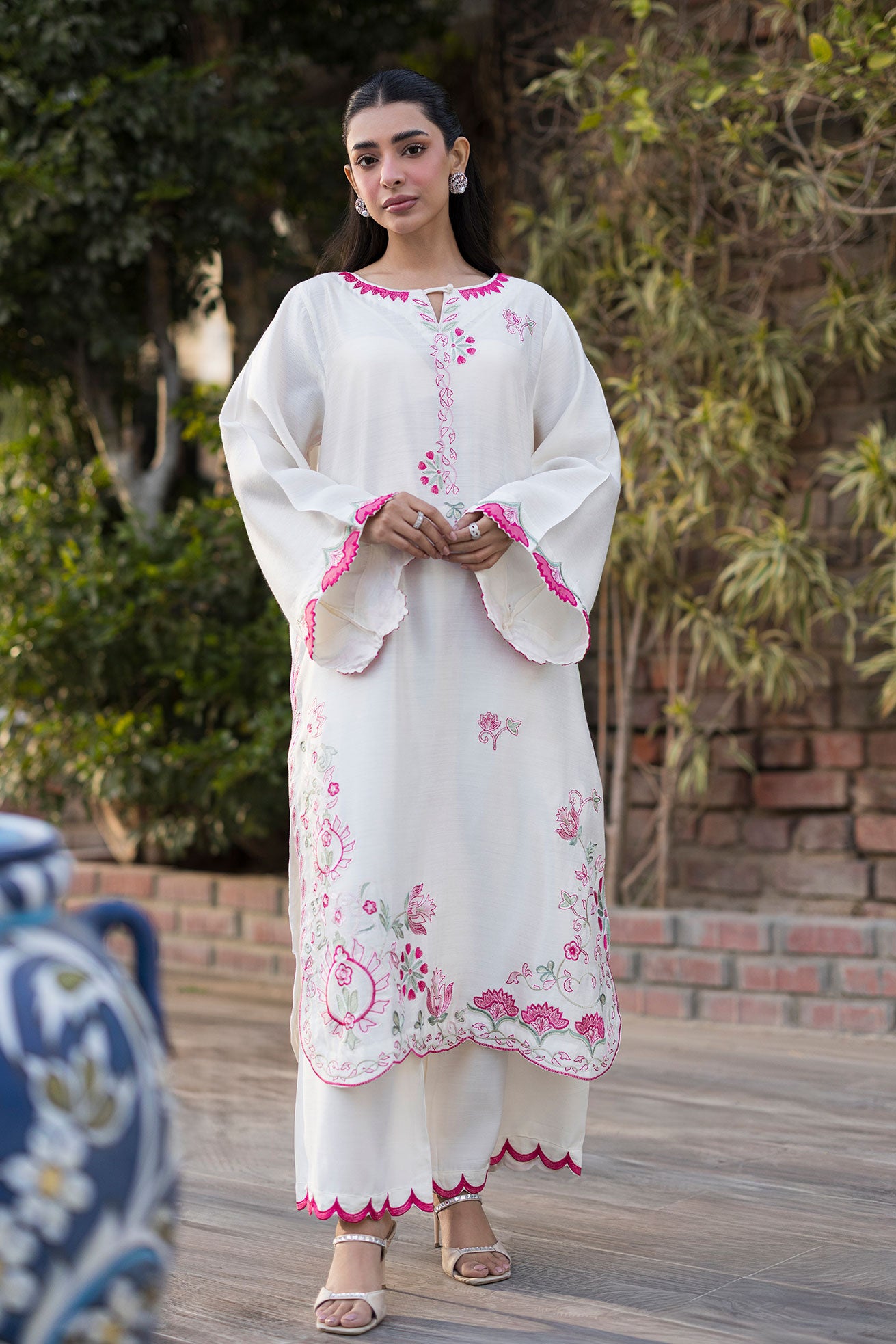 SS25DA-2766  CREAM  2PCS  EMBROIDERED KURTA WITH TROUSER
