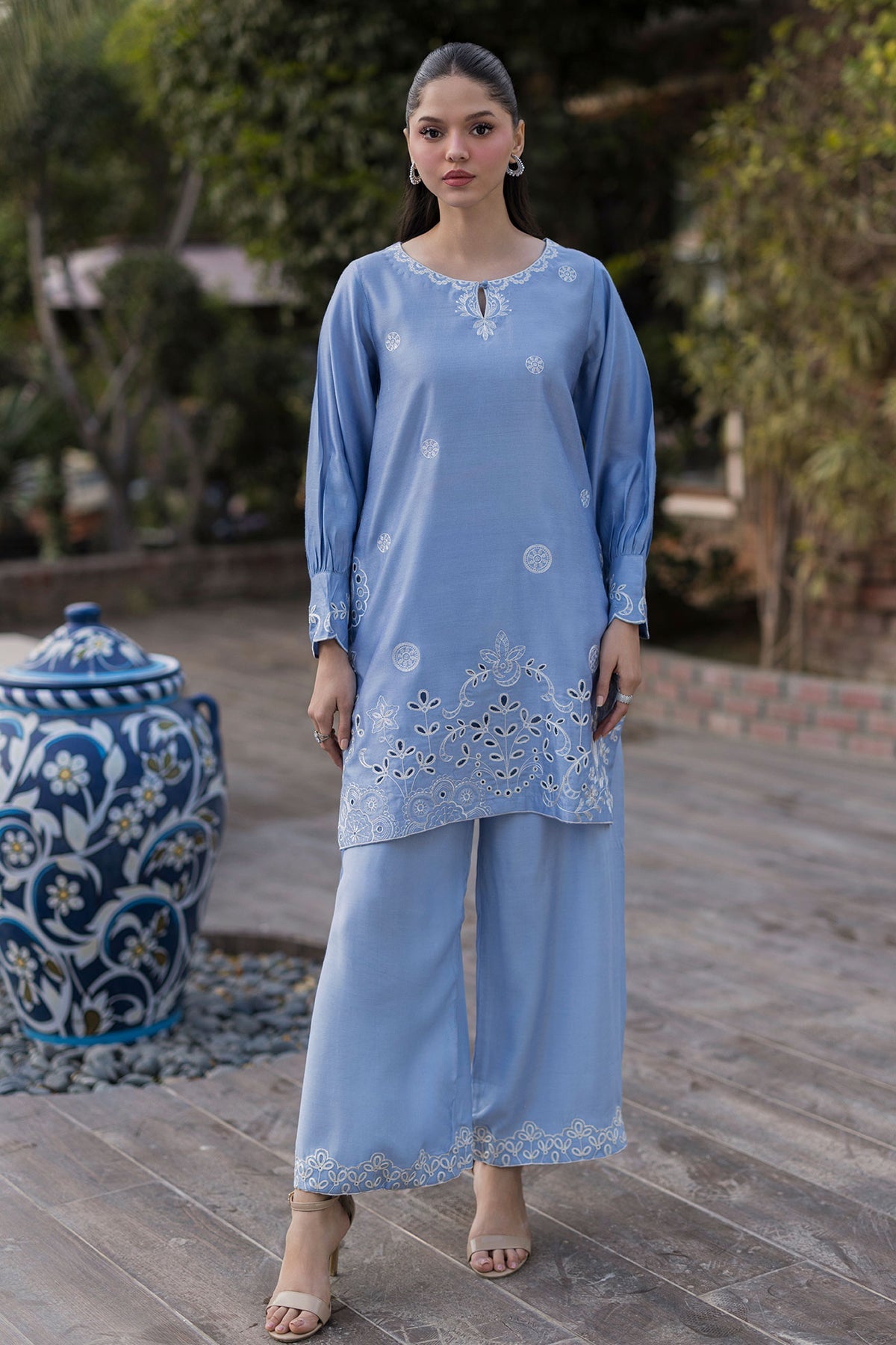 SS25DA-2767   SKY BLUE  2PCS  EMBROIDERED KURTA WITH TROUSER