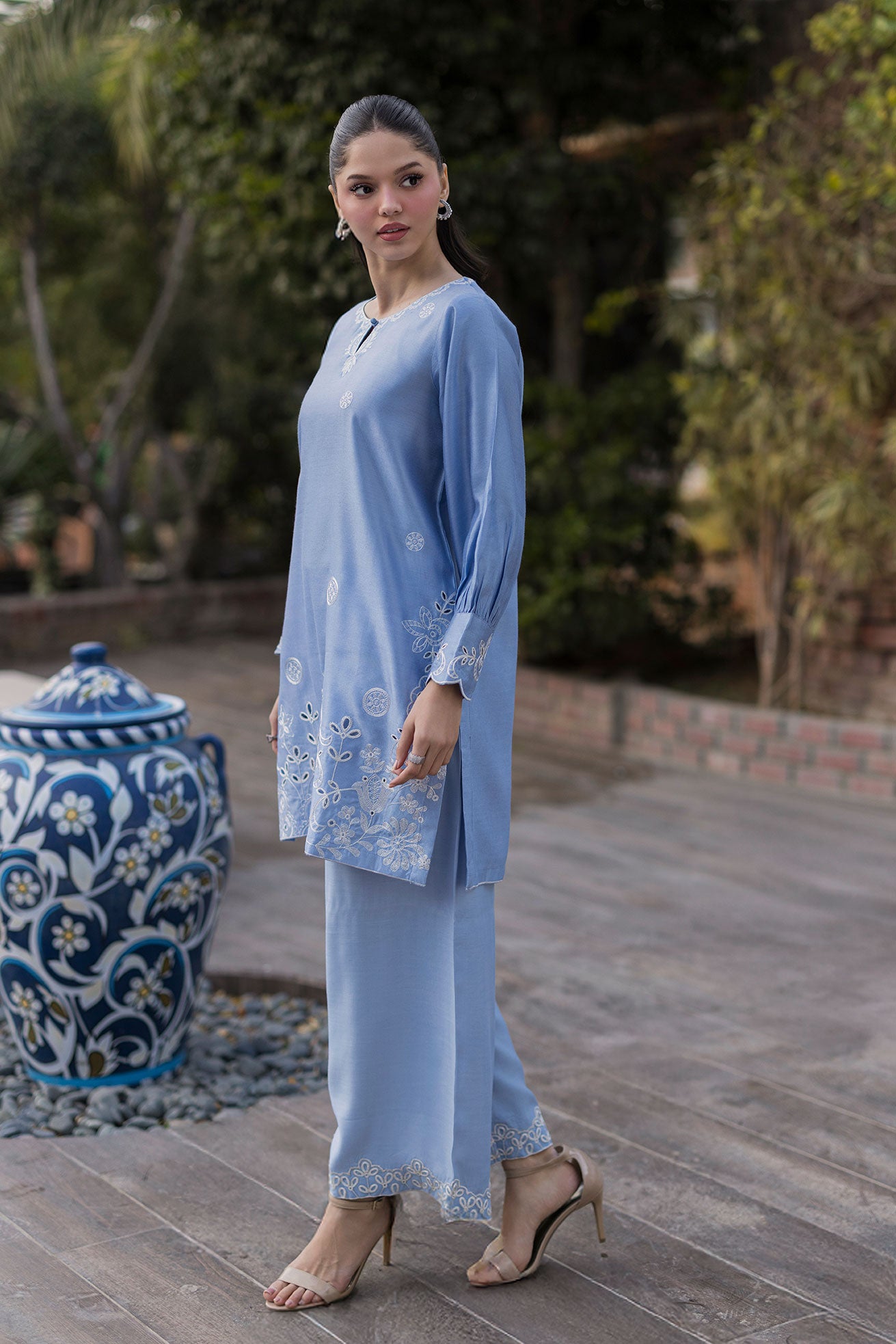 SS25DA-2767   SKY BLUE  2PCS  EMBROIDERED KURTA WITH TROUSER