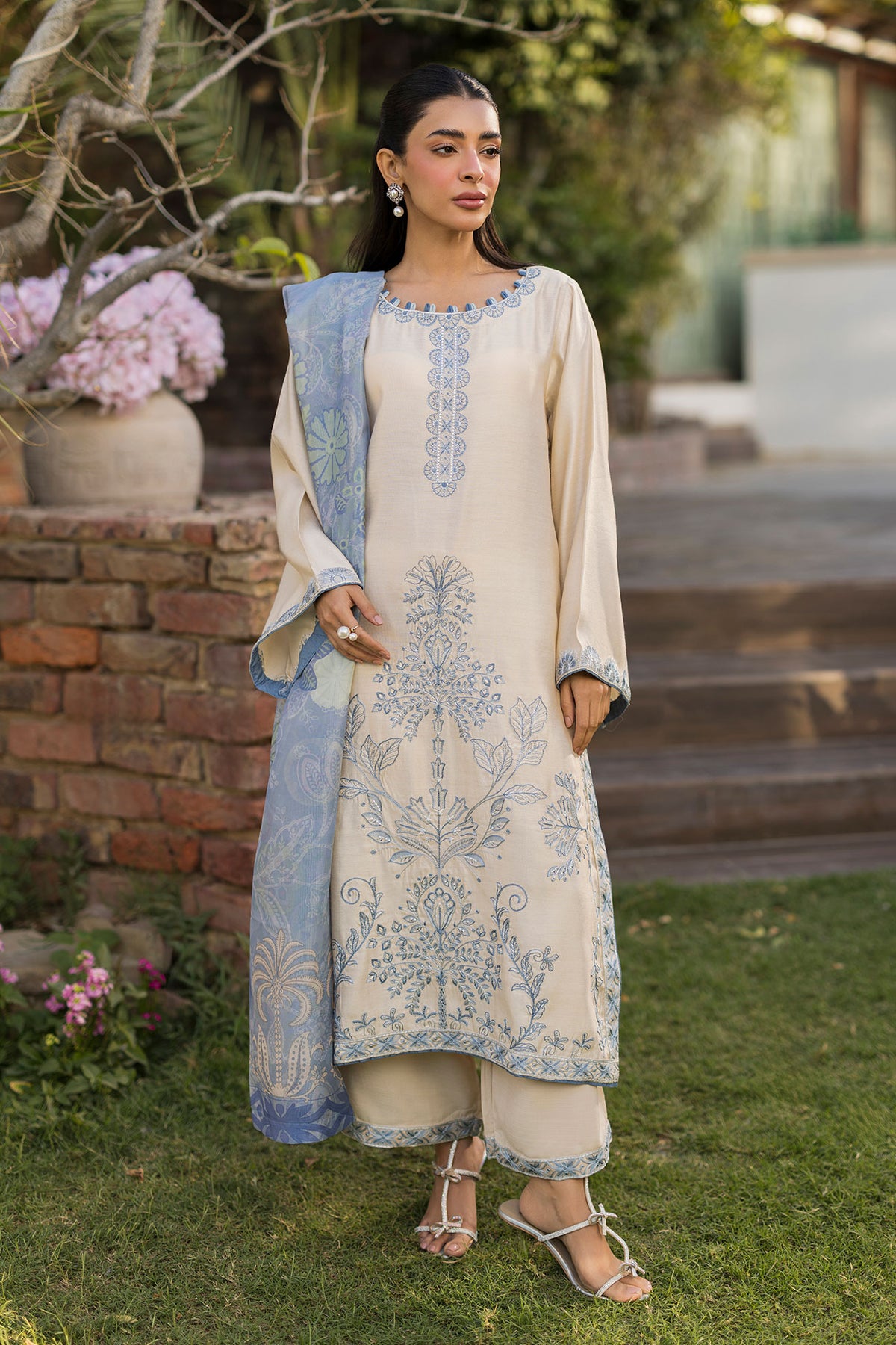 SS25DA-2774   BEIGE  2PCS  EMBROIDERED KURTA WITH TROUSER