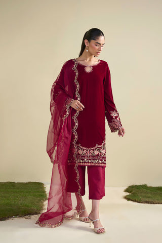FW25DD-2804  MAROON  EMBROIDERED  DUPATTA