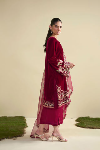 FW25DA-2804 Velvet ensemble in red with gold embroidery on keyhole neckline and cuffs.