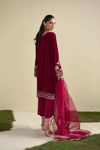FW25DA-2804 Velvet ensemble in red with gold embroidery on keyhole neckline and cuffs.