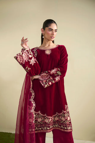 FW25DA-2804 Velvet ensemble in red with gold embroidery on keyhole neckline and cuffs.