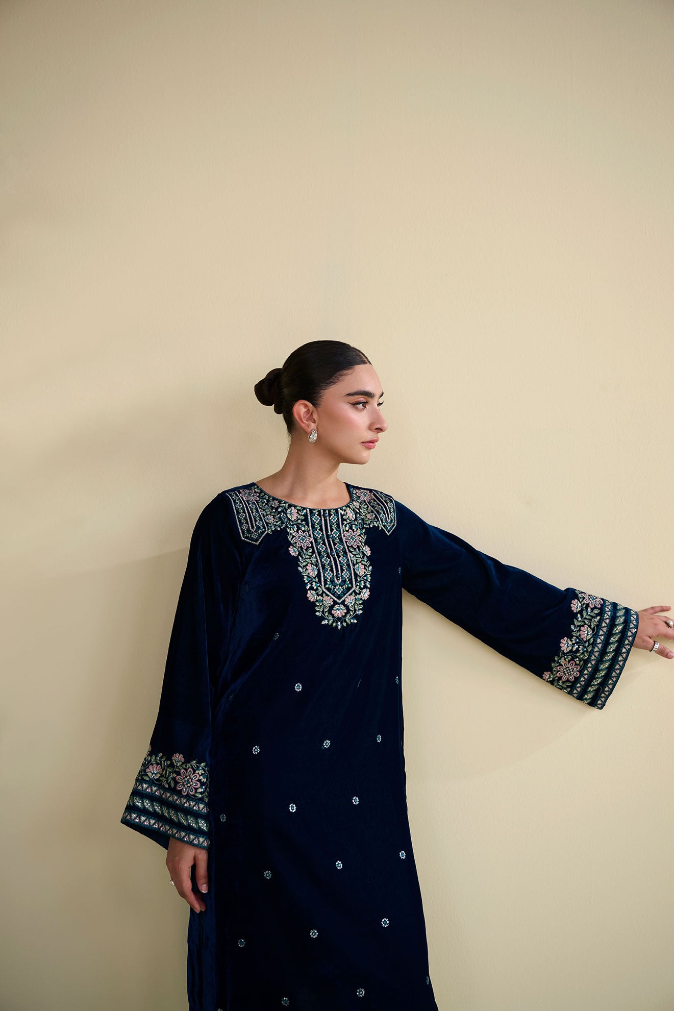 Turquoise blue 2-piece velvet suit with refined gold embroidery.