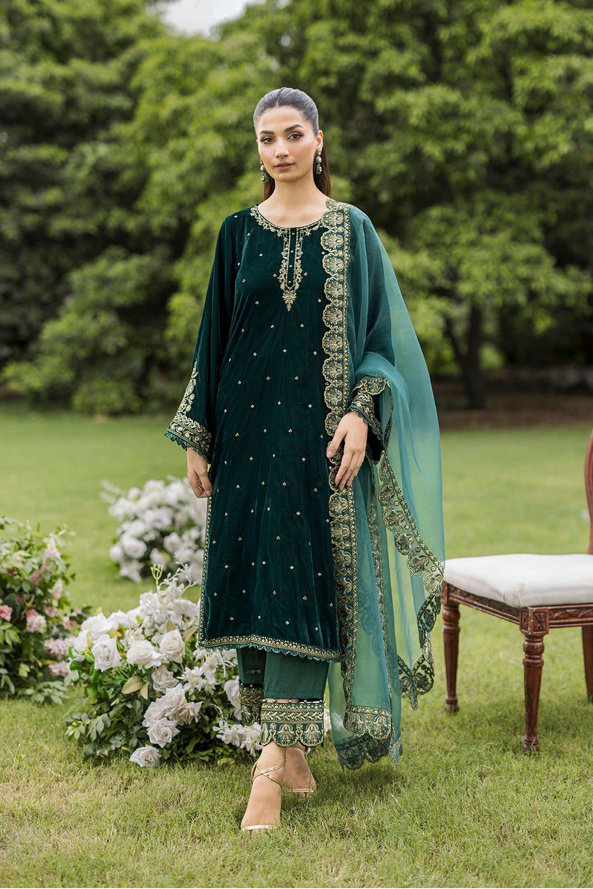 FW25DD-2809  GREEN EMBROIDERED DUPATTA