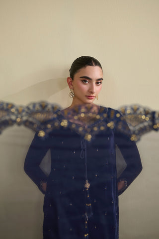 FW25DA-2810 Navy Blue 2-Piece: Enchanting navy velvet kurta adorned with golden embroidery, paired with matching embroidered trousers.