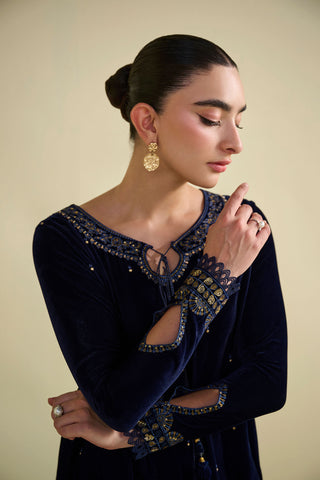FW25DA-2810 Navy Blue 2-Piece: Enchanting navy velvet kurta adorned with golden embroidery, paired with matching embroidered trousers.