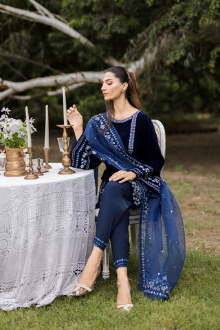 FW25DA-2814 Navy velvet ensemble with blue and silver embroidery on neckline and hemline.