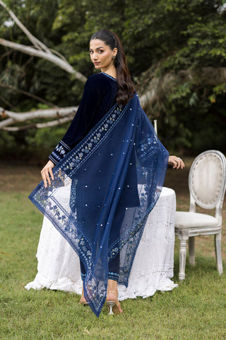 FW25DA-2814 Navy velvet ensemble with blue and silver embroidery on neckline and hemline.