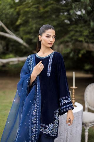 FW25DA-2814 Navy velvet ensemble with blue and silver embroidery on neckline and hemline.
