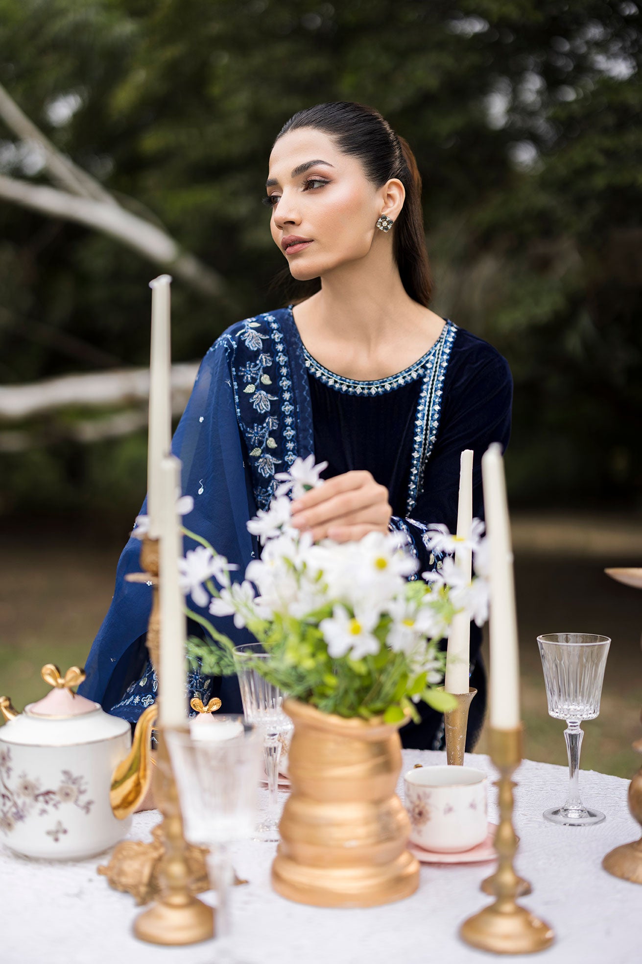 FW25DA-2814 Navy velvet ensemble with blue and silver embroidery on neckline and hemline.