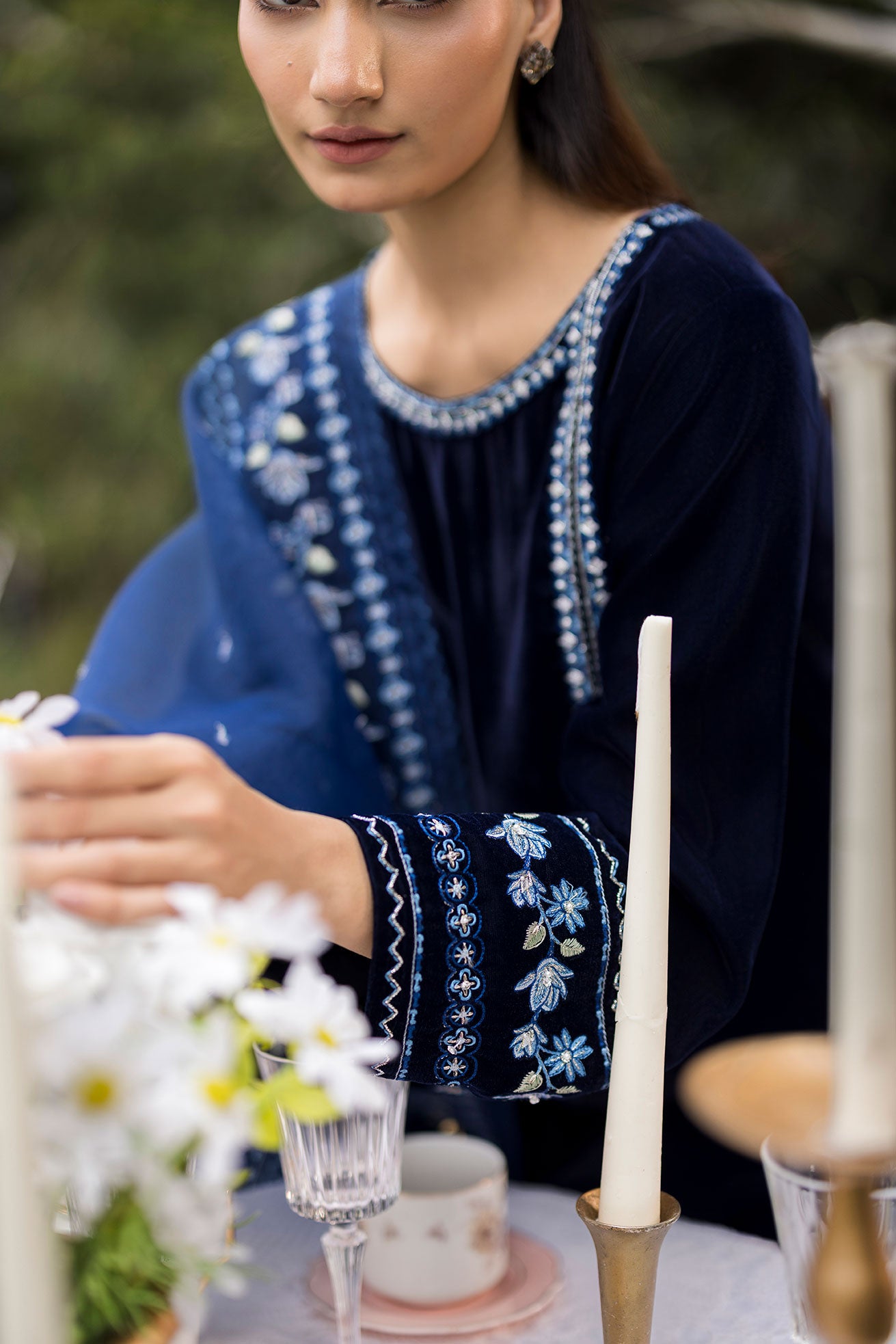 FW25DA-2814 Navy velvet ensemble with blue and silver embroidery on neckline and hemline.