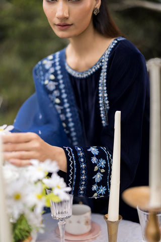 FW25DA-2814 Navy velvet ensemble with blue and silver embroidery on neckline and hemline.