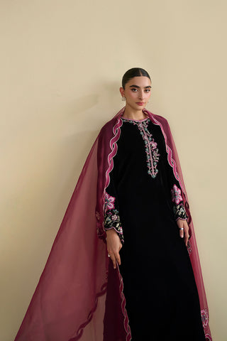 FW25DA-2815 Black 2-Piece: Exquisite black velvet ensemble featuring delicate floral embroidery in rose and teal tones.