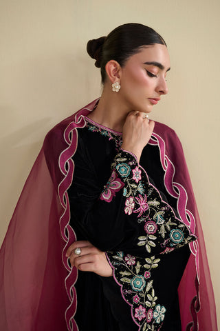 FW25DA-2815 Black 2-Piece: Exquisite black velvet ensemble featuring delicate floral embroidery in rose and teal tones.