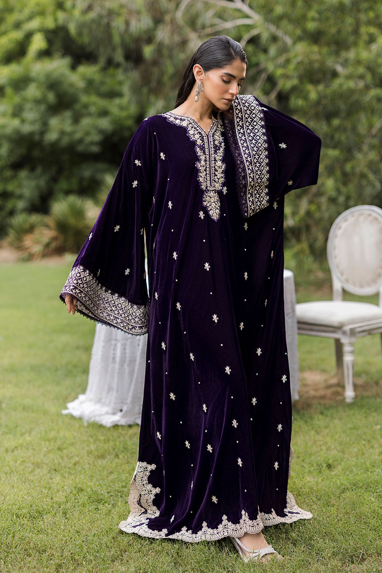 FW25DA-2818 Purple 2-Piece: Opulent plum velvet ensemble with majestic embroidery around the neckline and dramatic bell sleeves.