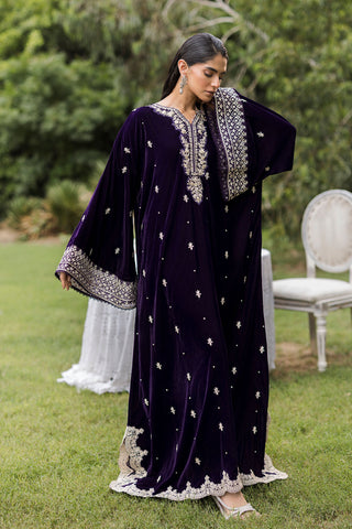 FW25DA-2818 Purple 2-Piece: Opulent plum velvet ensemble with majestic embroidery around the neckline and dramatic bell sleeves.