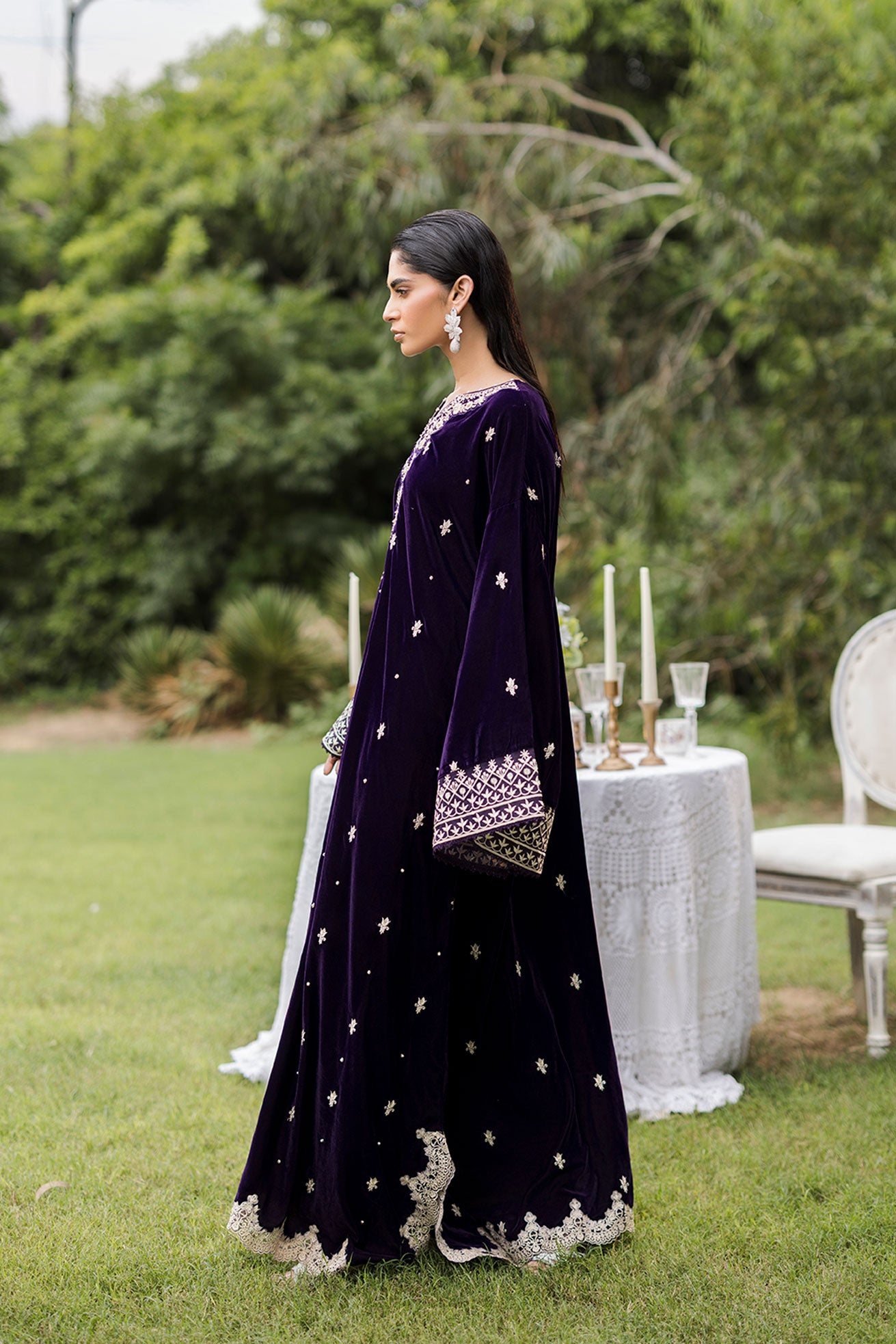 FW25DA-2818 Purple 2-Piece: Opulent plum velvet ensemble with majestic embroidery around the neckline and dramatic bell sleeves.