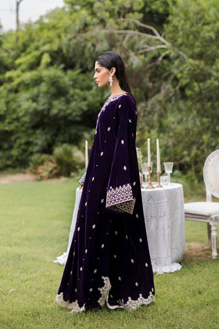 FW25DA-2818 Purple 2-Piece: Opulent plum velvet ensemble with majestic embroidery around the neckline and dramatic bell sleeves.