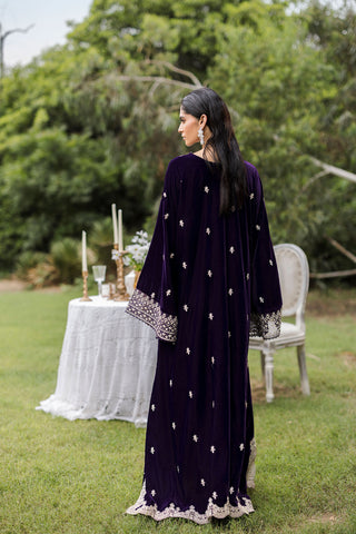 FW25DA-2818 Purple 2-Piece: Opulent plum velvet ensemble with majestic embroidery around the neckline and dramatic bell sleeves.