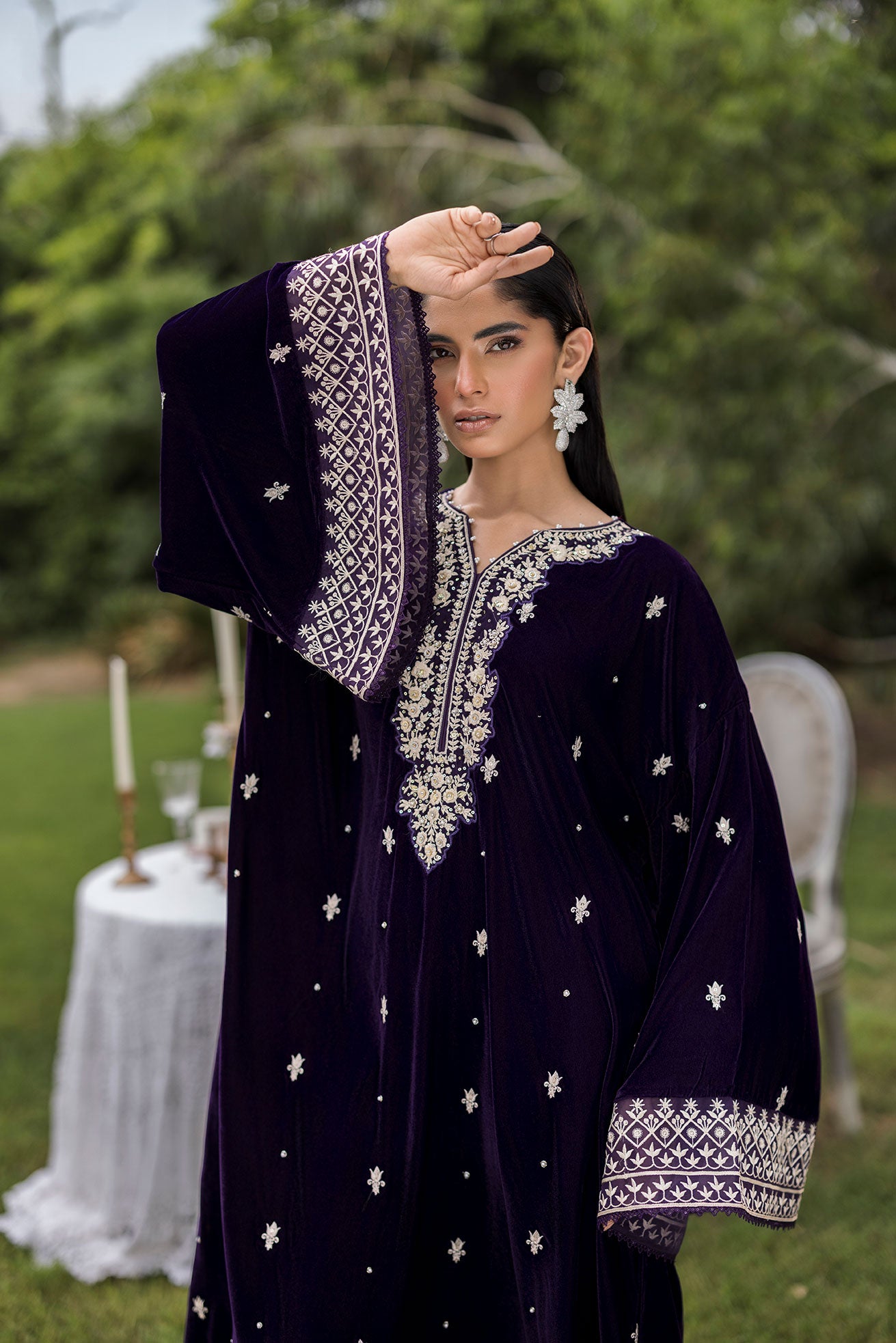 FW25DA-2818 Purple 2-Piece: Opulent plum velvet ensemble with majestic embroidery around the neckline and dramatic bell sleeves.
