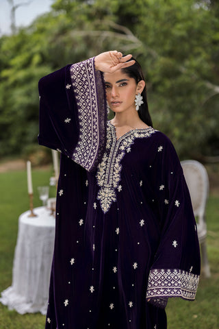 FW25DA-2818 Purple 2-Piece: Opulent plum velvet ensemble with majestic embroidery around the neckline and dramatic bell sleeves.