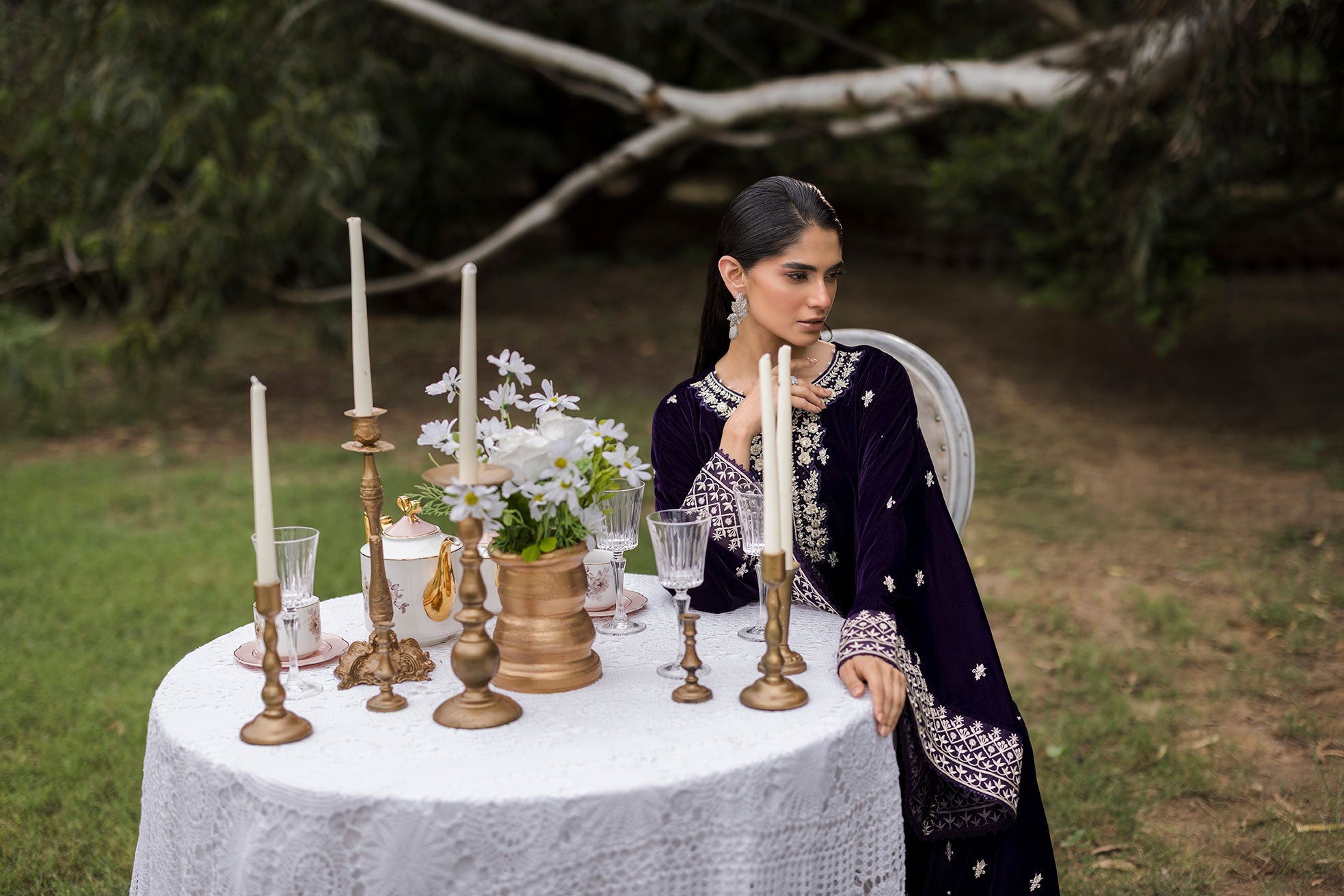 FW25DA-2818 Purple 2-Piece: Opulent plum velvet ensemble with majestic embroidery around the neckline and dramatic bell sleeves.