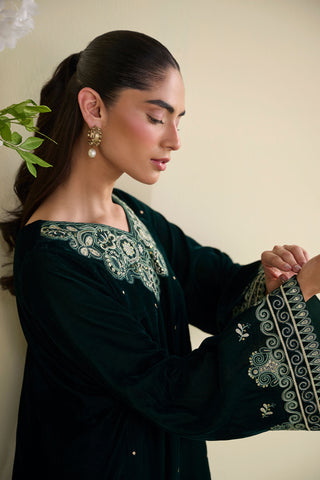 FW25DA-2823 Bottle Green 2-Piece: Deep emerald velvet shirt with exquisite silver embroidery on wide bell sleeves and neckline.