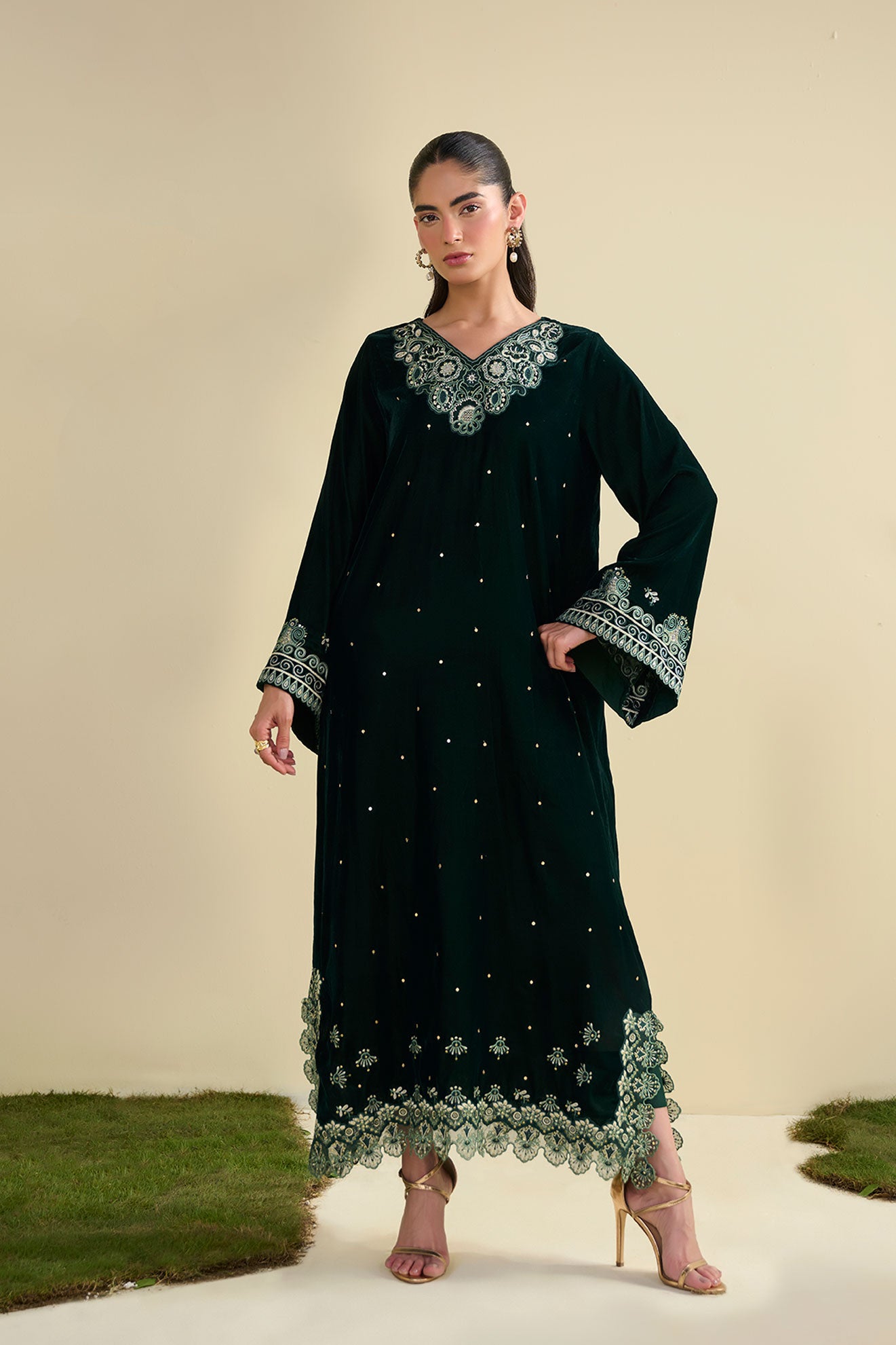 FW25DA-2823 Bottle Green 2-Piece: Deep emerald velvet shirt with exquisite silver embroidery on wide bell sleeves and neckline.