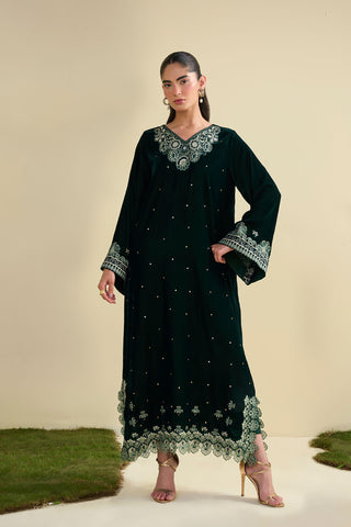 FW25DA-2823 Bottle Green 2-Piece: Deep emerald velvet shirt with exquisite silver embroidery on wide bell sleeves and neckline.