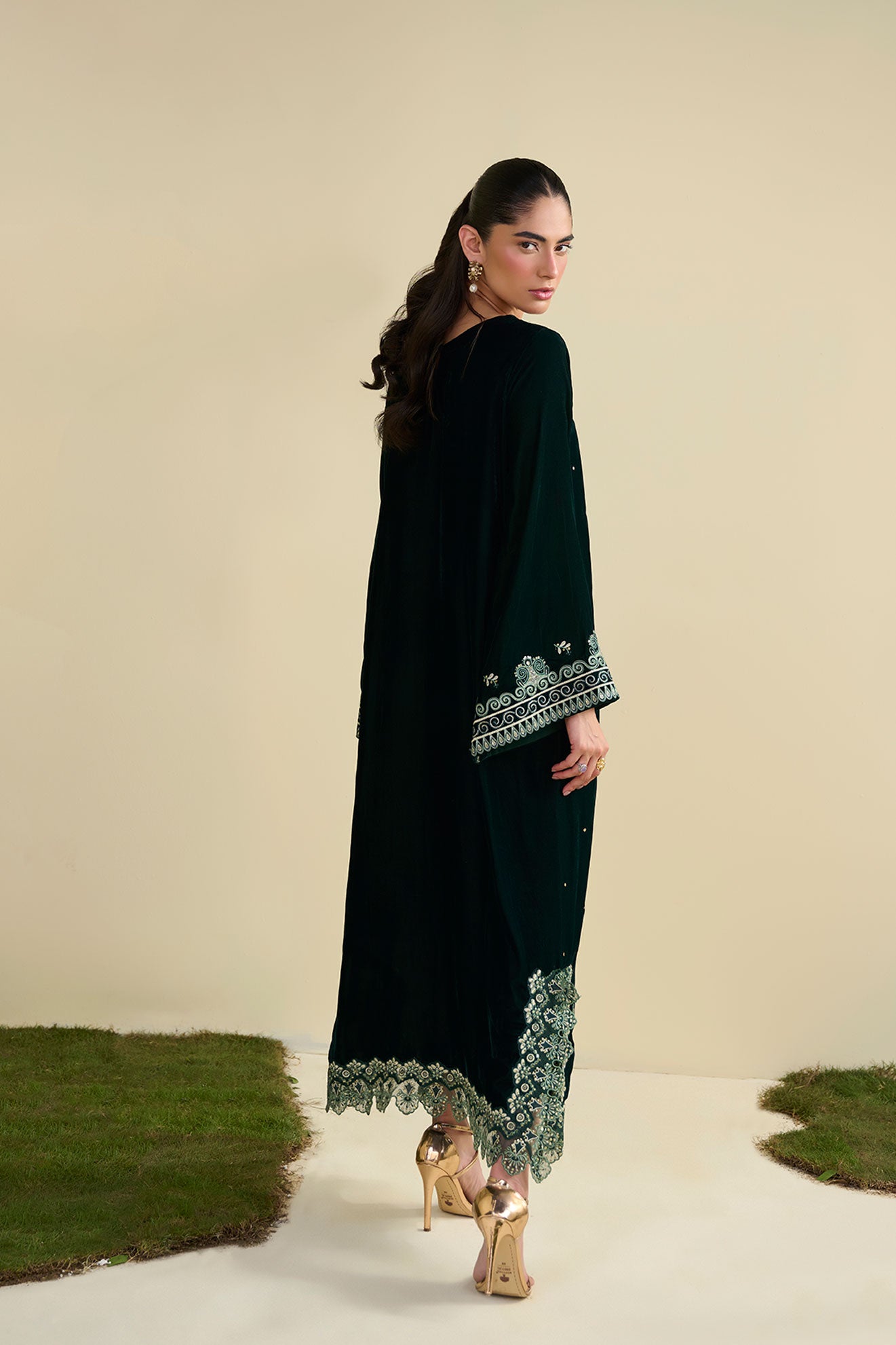 FW25DA-2823 Bottle Green 2-Piece: Deep emerald velvet shirt with exquisite silver embroidery on wide bell sleeves and neckline.