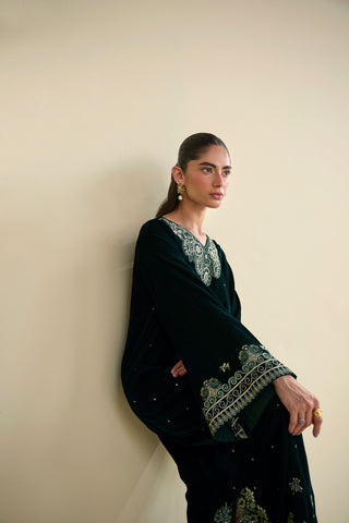 FW25DA-2823 Bottle Green 2-Piece: Deep emerald velvet shirt with exquisite silver embroidery on wide bell sleeves and neckline.