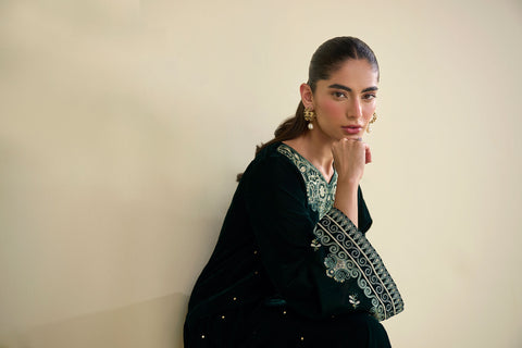 FW25DA-2823 Bottle Green 2-Piece: Deep emerald velvet shirt with exquisite silver embroidery on wide bell sleeves and neckline.