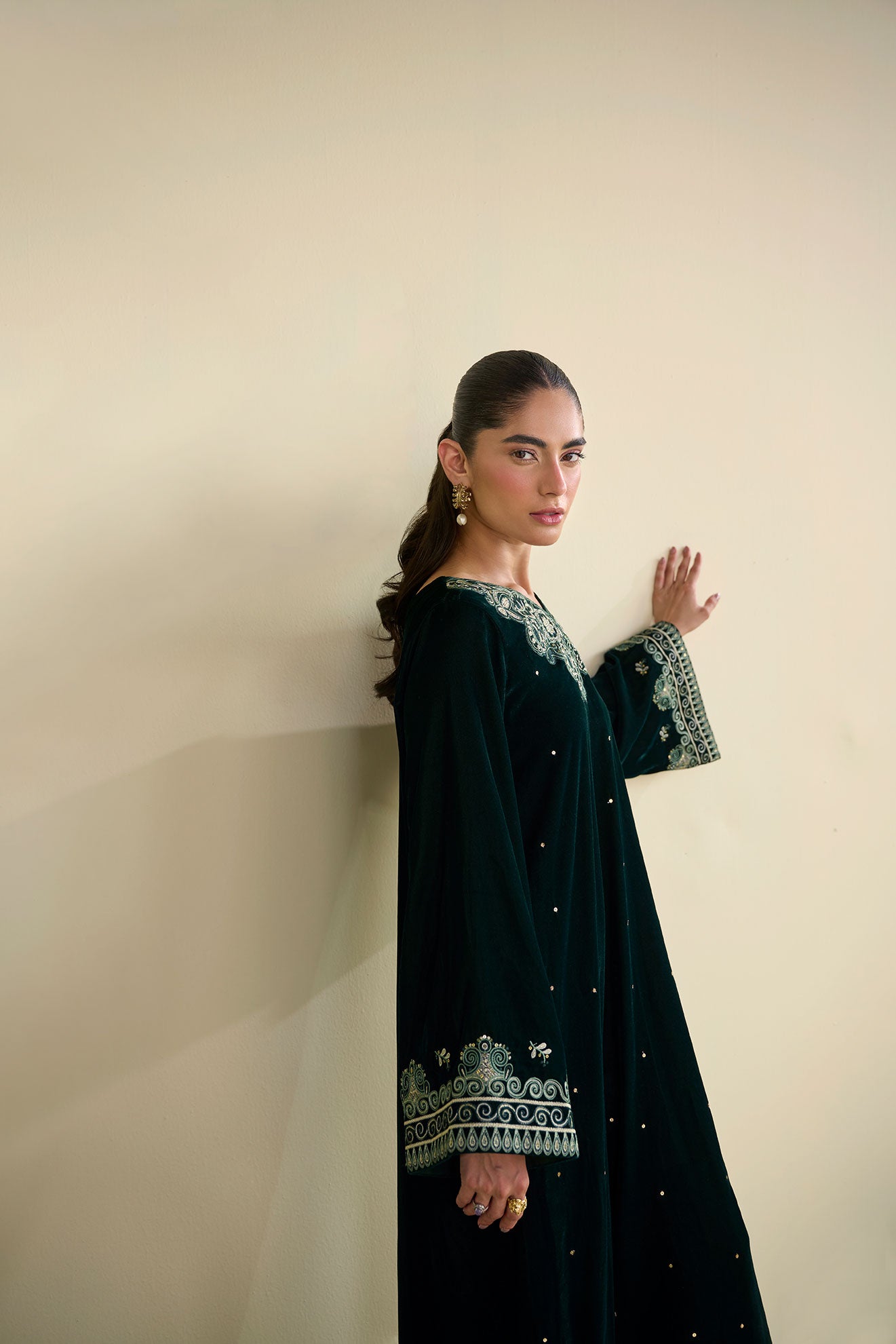 FW25DA-2823 Bottle Green 2-Piece: Deep emerald velvet shirt with exquisite silver embroidery on wide bell sleeves and neckline.