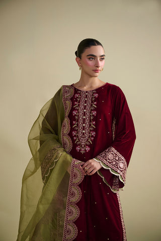 FW25DA-2824 Maroon 2-Piece: Opulent deep maroon velvet kurta with intricate berry and gold floral embroidery and subtle sequin accents.