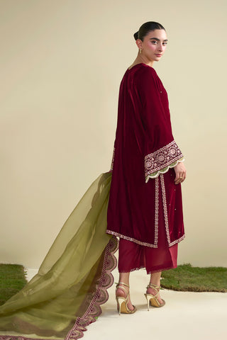 FW25DA-2824 Maroon 2-Piece: Opulent deep maroon velvet kurta with intricate berry and gold floral embroidery and subtle sequin accents.