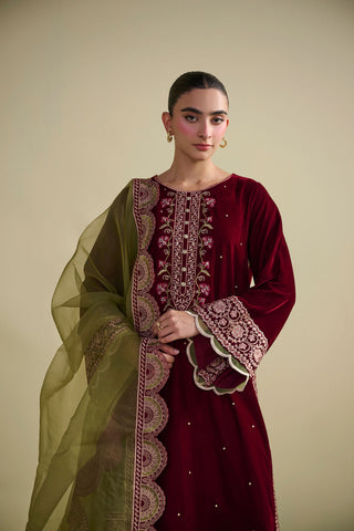 FW25DA-2824 Maroon 2-Piece: Opulent deep maroon velvet kurta with intricate berry and gold floral embroidery and subtle sequin accents.