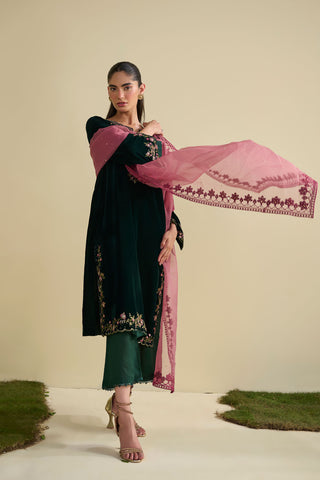 FW25DA-2825 Bottle green velvet shirt featuring floral motifs in pink and gold with shimmering sequin accents