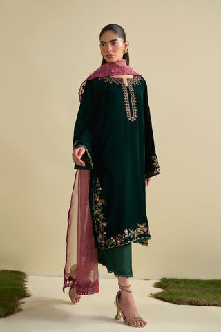 FW25DA-2825 Bottle green velvet shirt featuring floral motifs in pink and gold with shimmering sequin accents