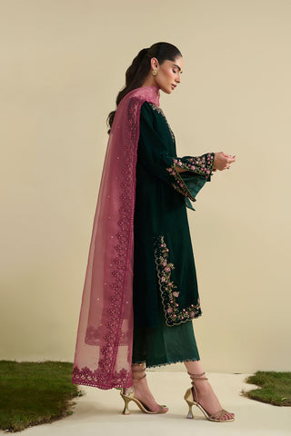 FW25DA-2825 Bottle green velvet shirt featuring floral motifs in pink and gold with shimmering sequin accents